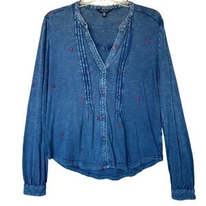 Lucky Brand Blue Embroidered Button-Up Shirt Long Sleeve Boho Western Small